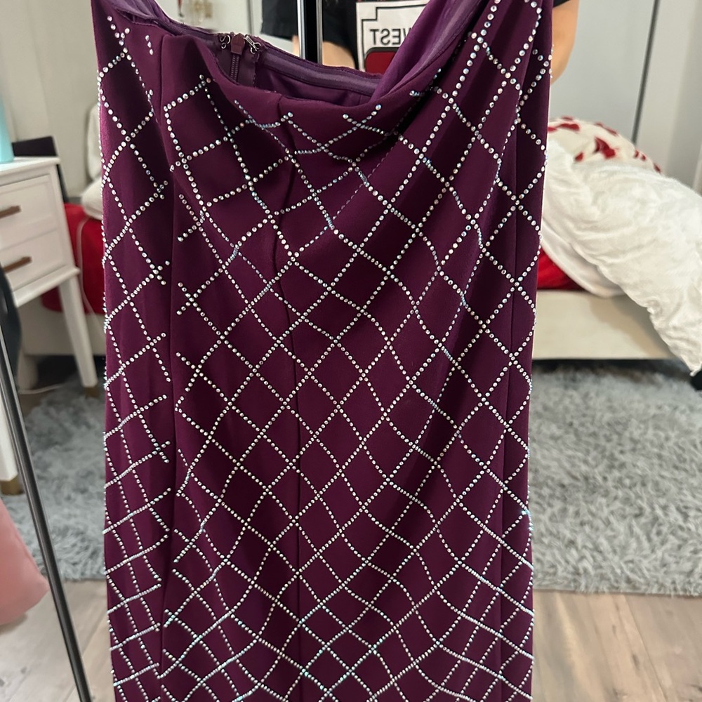 purple strapless mini dress with sparkles